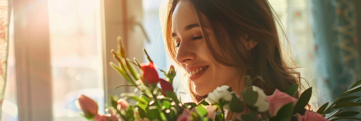 Naklejka premium Flowers bouquet giving, daughter gifting happy woman bouquet of flowers, mother day celebration