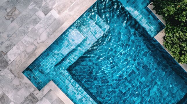 Birds eye view of pool with blue tiles and water