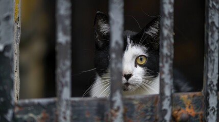 Black and white feline behind window bars