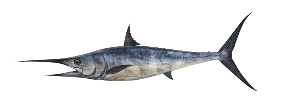 A detailed illustration of a swordfish with a streamlined body and a long, pointed bill, showcasing its distinct features on a white background.