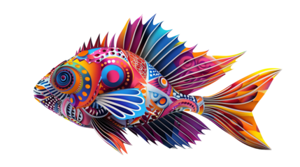 A vivid, intricate abstract digital painting of a fish with vibrant colors, showcasing elaborate patterns and fine details.