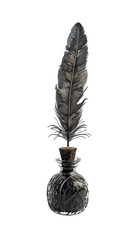 Antique quill and ink bottle with elaborate design. Perfect for vintage-themed projects, writing, or historical artwork.