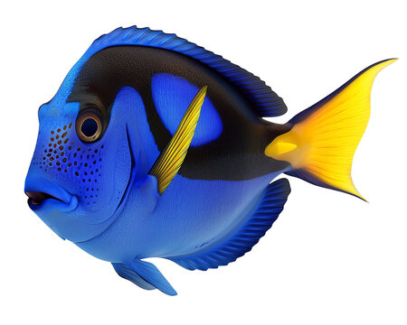 Bright and vivid blue tang fish, also known as regal tang, with striking blue and yellow colors, isolated on a white background.
