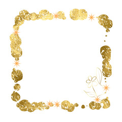 Festive decoration.Luxurious Frame edging in the form of inclusions of golden sequins, sequins, sparkles, shimmer, glitter, shimmer, gilding, dust of gilded foil on a transparent background.