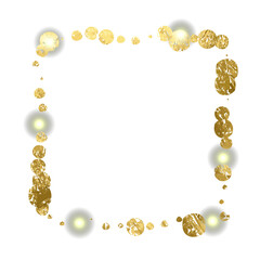 The frame is made of gold foil, gold splashes frame the frame with glitter and a golden touch on a transparent background. A luxurious element for wedding celebrations.
