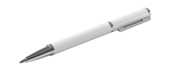 Close-up of a sleek white ballpoint pen with silver accents, isolated on a white background. Ideal for office, school, or home use.