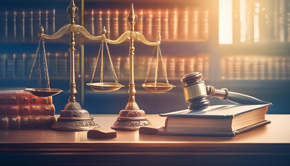 A detailed image of scales of justice, a gavel, and law books on a judge’s bench, symbolizing the legal system.