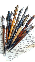 Collection of vintage fountain pens arranged on handwritten sheet, showcasing antique writing instruments, craftsmanship, and calligraphy elegance.