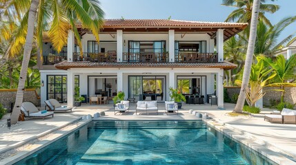 Fototapeta premium luxurious beachfront villa with a private pool, palm trees, and direct access to the sandy shore, capturing the essence of coastal living and relaxation