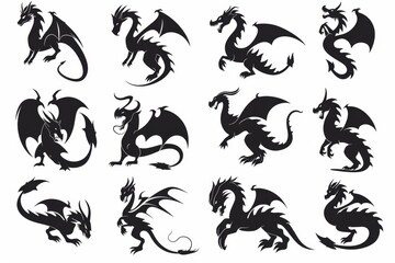 Fototapeta premium Dragons icon silhouette, dino, wyvern symbols, dinosaurs isolated, mythical monster, minimal flat tattoo