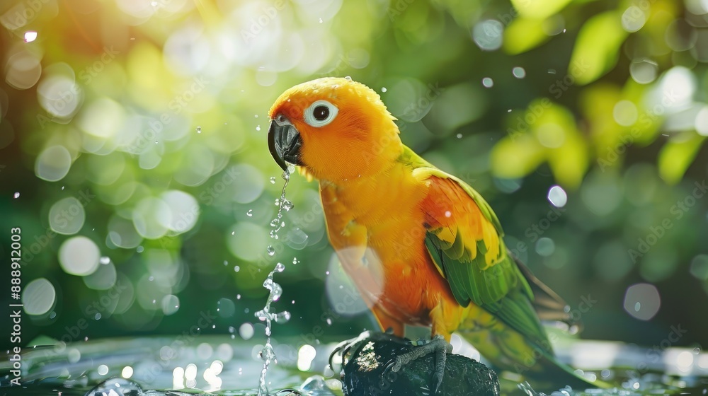 Poster Sun Conure parrot in yellow and green colors drinking water in the summer with space for text