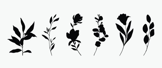 Collection of botanical silhouette element vector. Set of tropical plant, wildflower, rose, lily flower, eucalyptus leaves. Hand drawn of botanical for decor, website, graphic, decorative.