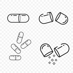 Black line vector icons of pills and drug for medicine pharmacy. Pill silhouette icon.