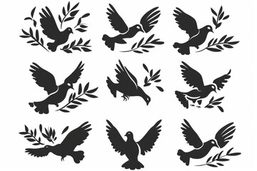 Obraz premium Peace dove graffiti, pigeons, twigs ink illustration. Flying birds silhouettes monochrome flat icons