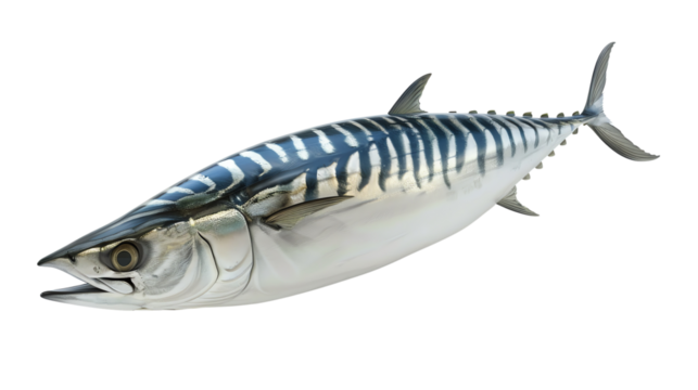 High-quality image of a fresh mackerel fish with vibrant silver scales and distinctive patterns, isolated on white background.
