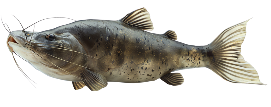 High-resolution image of a channel catfish isolated on a white background, showcasing its unique features and details for educational or commercial use.