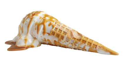 Melting ice cream cone with creamy caramel drizzle, lying on its side. Sweet dessert treat with waffle texture and decadent topping.