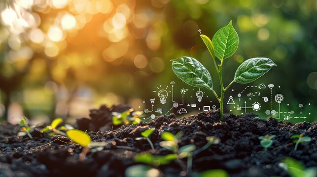 A detailed image of a seedling emerging from the ground, with its leaves replaced by miniature icons of ideas, such as books, light bulbs, and puzzle pieces