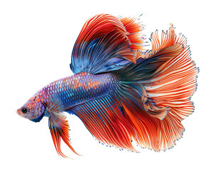 Fototapeta premium Vibrant betta fish with colorful fins swimming in clear water, showcasing its radiant blue and red scales in high detail.