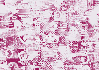 Glitch distorted grungy abstract forms . Cyber punk seamless pattern texture. Halftone dots .Futuristic background . Glitched shapes with dots and lines .Screen print endless pattern texture