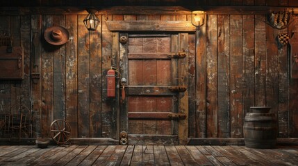 A 3D blender minimalist illustration featuring a blank backdrop with a western theme, including vintage elements like old wooden saloon doors, cowboy hats, and rustic horseshoes, creating an
