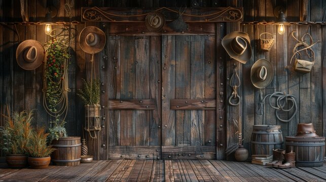A 3D blender minimalist illustration featuring a blank backdrop with a western theme, including vintage elements like old wooden saloon doors, cowboy hats, and rustic horseshoes, creating an