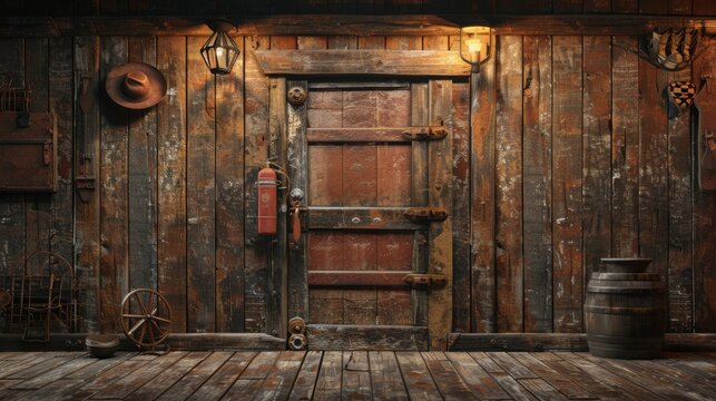A 3D blender minimalist illustration featuring a blank backdrop with a western theme, including vintage elements like old wooden saloon doors, cowboy hats, and rustic horseshoes, creating an