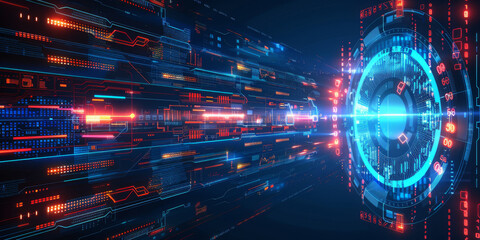 Obraz premium Abstract digital blue eye iris on blurry tech background. Technology and vision concept. 3D Rendering.