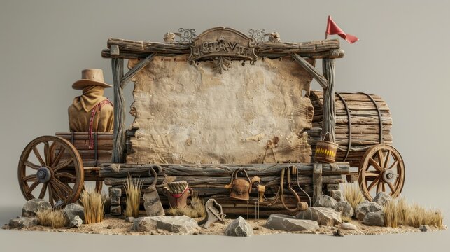 A rustic 3D blender render showcasing a minimalist blank backdrop surrounded by vintage western icons including a classic covered wagon, a pair of spurs, and a cowboy's bandana, forming an evocative
