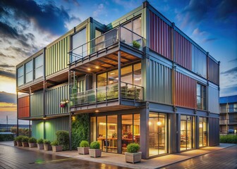 Modern two-story building constructed from repurposed cargo containers serves as a shop or office with a spacious terrace, blending urban architecture with industrial charm.