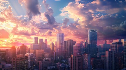 A modern city skyline with skyscrapers against a beautiful sky, capturing the essence of urban development during sunset or sunrise