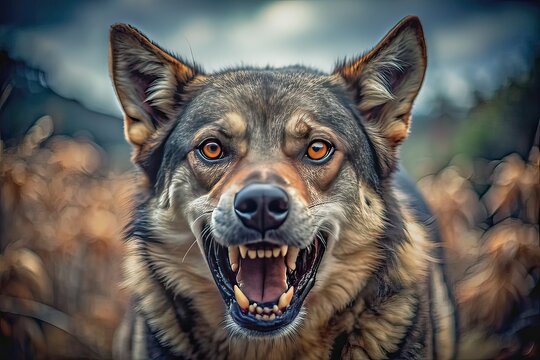 Ferocious rabid dog with massive teeth and menacing glare, fur standing on end, snarling and salivating, conveying intense aggression and unpredictable danger.