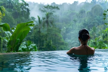 Fototapeta premium Happy Woman in Infinity Pool, Enjoying Warm Tropical Rain, Swimming Pool with a Jungle View