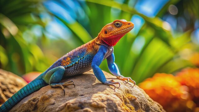 Vibrant Numibian rock agama lizard basks on sun-kissed rock, its scaly skin glistening in warm Reunion Island tropical outdoor setting.