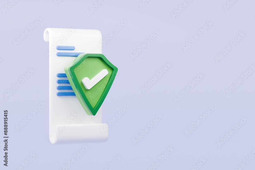Poster 3d minimal business document with shield and check mark icon. health insurance, data protection. app