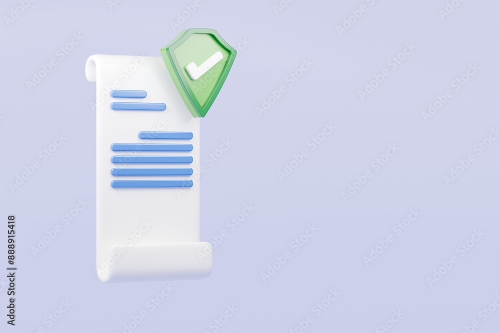 Poster 3d minimal business document with shield and check mark icon. health insurance, data protection. app