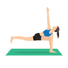 Woman doing Figure Skater Pose or Pada Vakra Trikonasana yoga exercise. Flat vector illustration isolated on white background