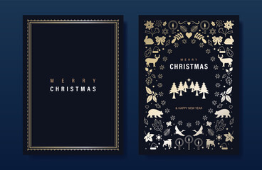 Luxury gold christmas invitation card folk design vector. Christmas tree, reindeer, bear, rabbit, snowflake, frame on navy blue background. Design illustration for cover, print, poster, wallpaper.