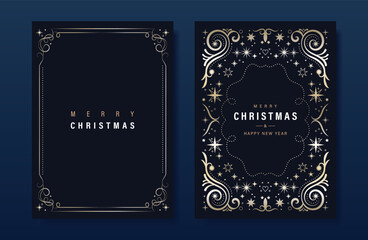 Luxury gold christmas invitation card folk design vector. Christmas leaves, sparkling stars, snowflake, frame on navy blue background. Design illustration for cover, print, poster, wallpaper.