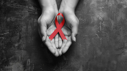 red ribbon in hands on gray background World Cancer Day