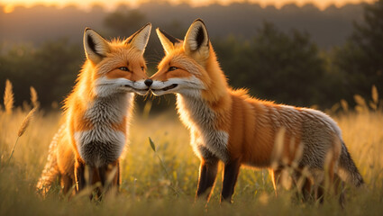 Two red foxes are touching noses in a grassy field with a blurry sunset in the background.

