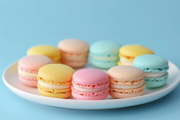 Obraz premium A plate of French macarons in various pastel color 11 1 baking, baking cup, cake, color, cuisine, cupcake, dessert, food, fruit, furniture, high-key, macaroon, on1 keyword ai, orange, table, vivid, wa
