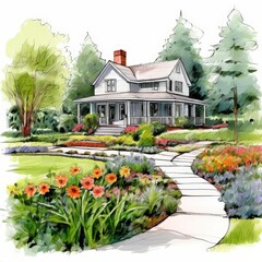 Obraz premium the AI Image Generator, Draw a peaceful scene of a craftsman home with a neatly landscaped garden, capturing the essence of architectural beauty from an elevated viewpoint