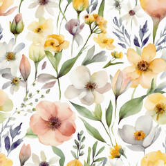 Obraz premium Spring Flowers Clipart Set with Watercolor Texture on Plain White Background - 1