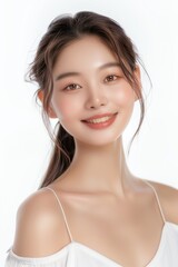An asian beauty model smile pose in front of a white background