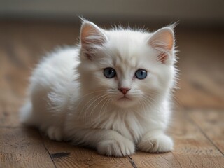 Cute,fluffy and beautiful white kitten with black on the floor. This image is ai generated