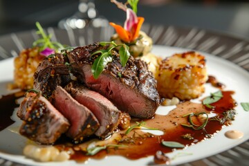 succulent meat dish with gourmet sides, plated with artistic flair in a high-end restaurant