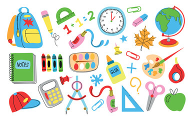 Set of school stationery and art supplies. Back to school. Vector flat illustration in hand drawn style. 