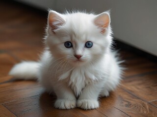 Cute,fluffy and beautiful white kitten with black on the floor. This image is ai generated