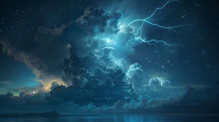 Fototapeta premium A thunderstorm cloud hovering over a body of water, with lightning cutting through the night sky, creating a mysterious and majestic atmosphere